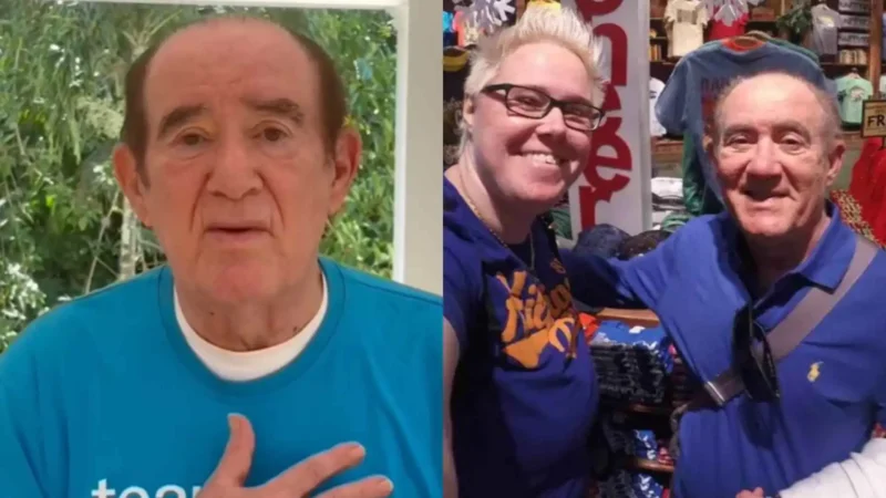 Montagem de duas fotos: à esquerda, o humorista Renato Aragão com expressão séria e a mão no peito; à direita, uma foto dele sorrindo e abraçado com sua filha mais velha, Juliana Rangel Aragão, em uma loja. A imagem ilustra as partes envolvidas na disputa judicial familiar descrita no artigo.