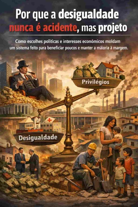 Ilustração mostra uma balança desigual com privilégios e riqueza de um lado e pobreza do outro, representando como a desigualdade social é fruto de decisões políticas e econômicas planejadas.